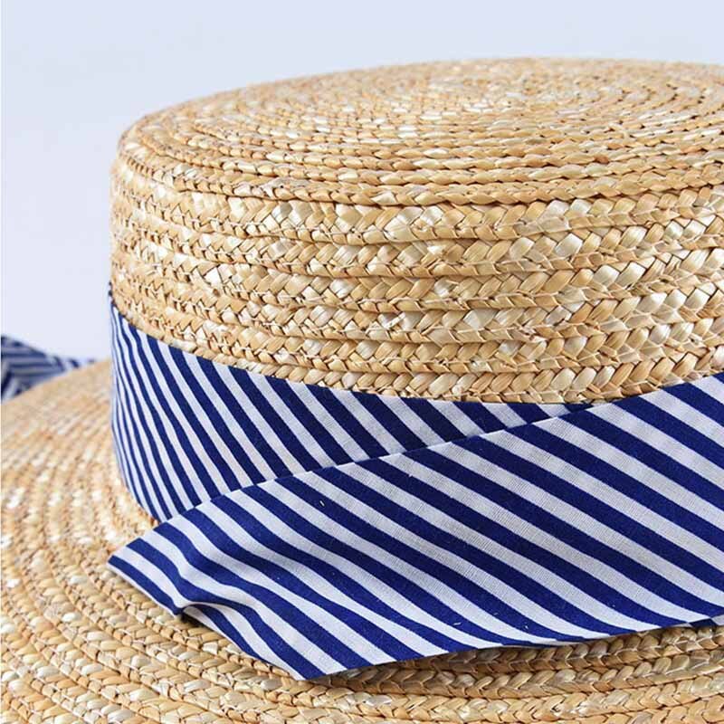 ¡Novedad de ! Sombreros de paja de trigo de ala ancha para mujer, sombrero de sol de playa de verano con cinta a rayas azul marino, sombrero de Boater con lazo, gorro Derby de vacación