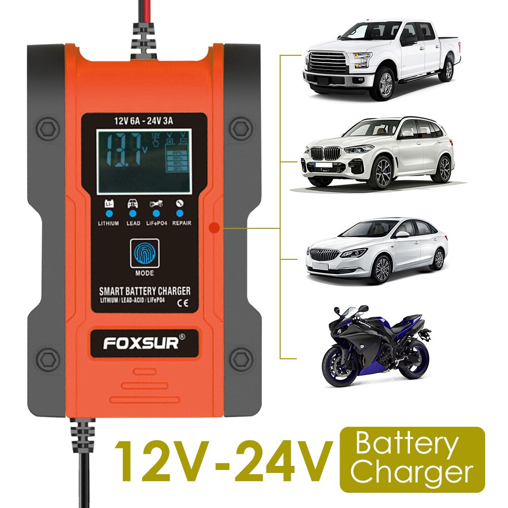 12V 6A 24V 3A Car Smart Battery Charger Automatic Pulse Repair Charger with LCD Display for AGM GEL WET Lead Acid Battery