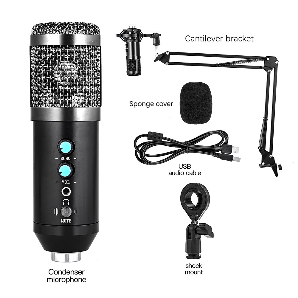 USB Condenser Microphone Kit With Tripod Stand Microfone Cardioid Studio Recording Live KTV Karaoke Microphone for PC Computer: Cantilever Silver