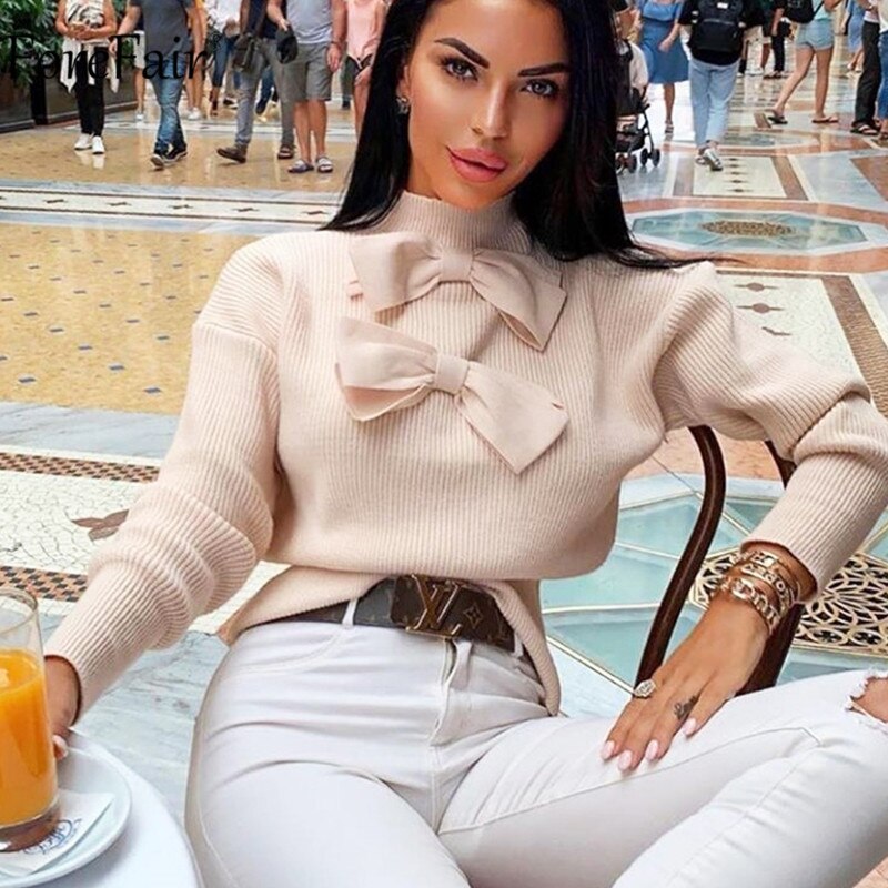 Forefair Vrouwen Boog Coltrui Casual Zwart Herfst Winter Gebreide Dames Trui Warm Solid Trui