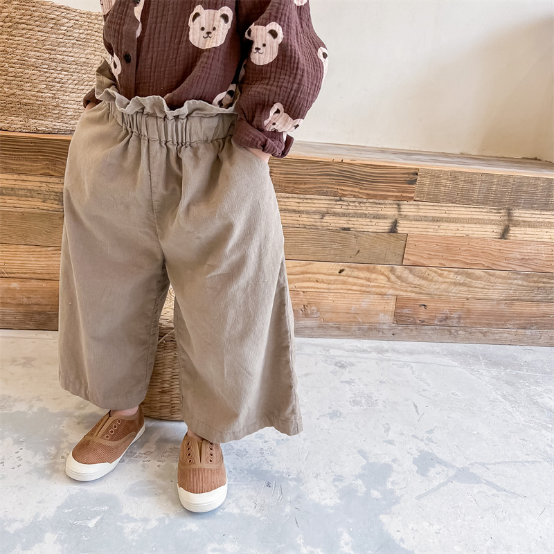Meisjes Lente Corduroy Wijde Pijpen Broek Kinderen Losse Enkellange Broek 1-6Y: gray coffee / 6T