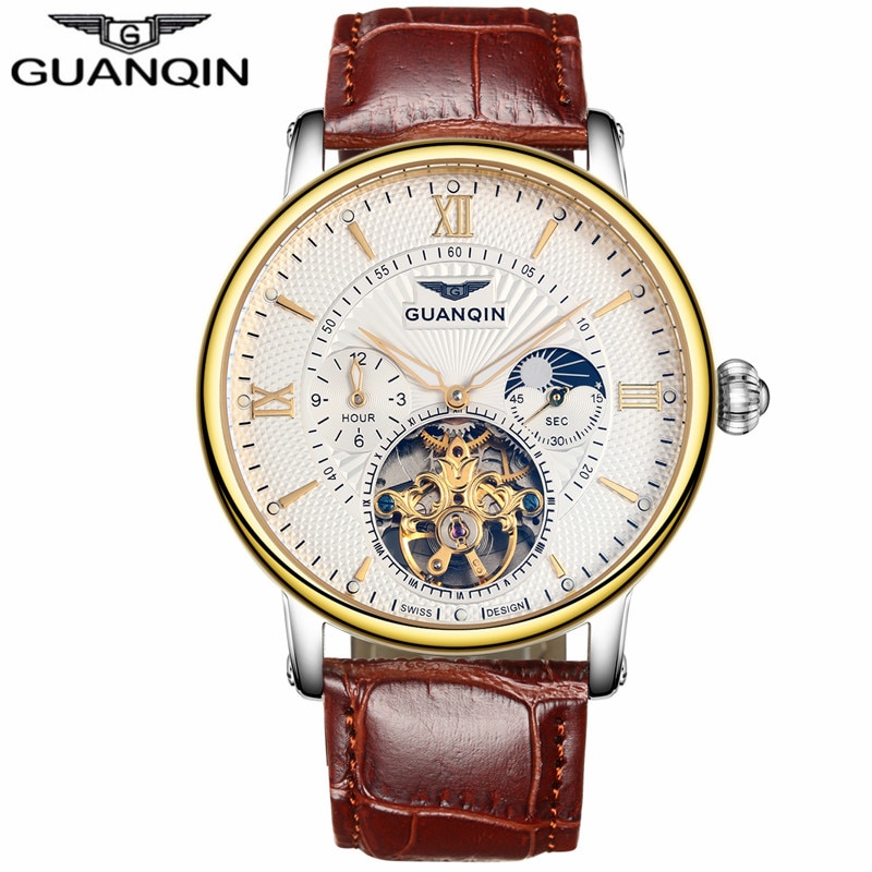 GUANQIN Luxe Top Tourbillon Skeleton Horloge Mannen Mode Casual Lederen Automatische Mechanische Horloge Relogio Masculino: Brown Gold White