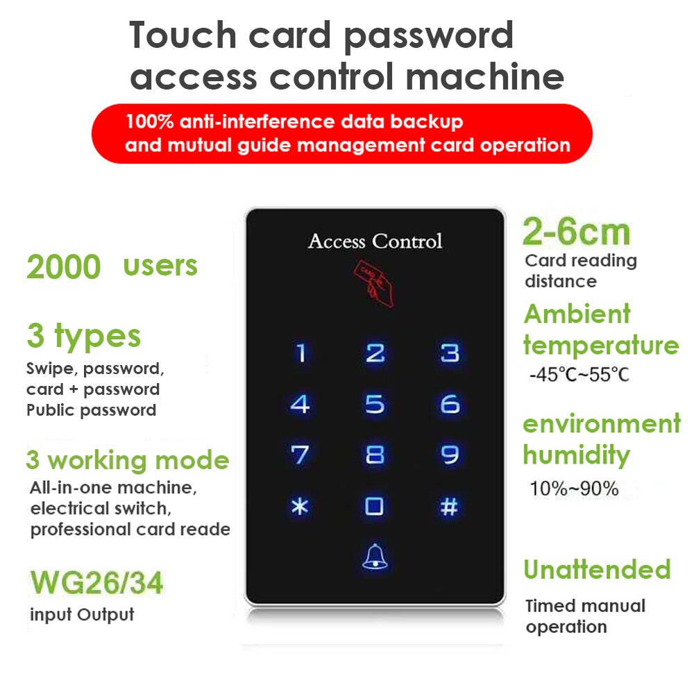 Baggrundsbelysning touch 125 khz rfid-kort adgangskontrol tastaturlæser dørlåsåbner wiegand 26 udgangsdør adgangskontrolsystem: Gt22