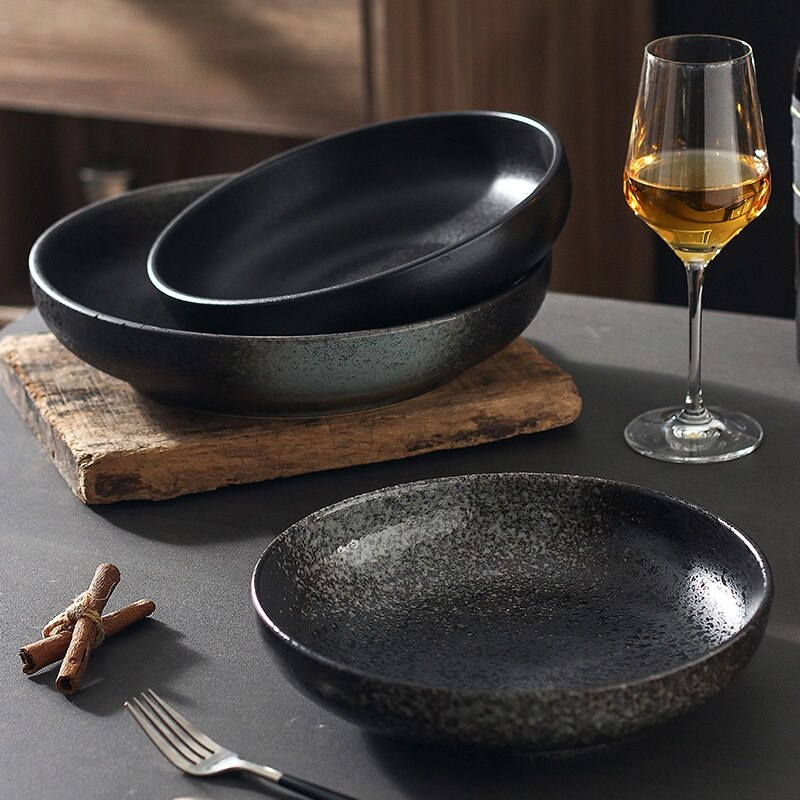 Plato de cerámica redondo negro mate, Platos poco profundos de alta gama para restaurante, plato occidental para carne, cocina, fruta, ensalada, Sushi, vajilla