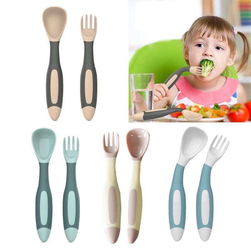Baby Gebruiksvoorwerpen Peuter Leren Eten Training Buigbare Zachte Lepel Vork Servies 97BD