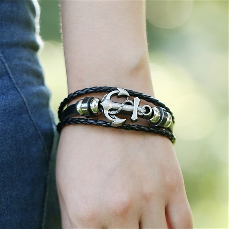 Wit/Brons Drie-Kleur Anker Accessoires Mannen En Vrouwen Punk Gevlochten Lederen Armband Sieraden Zee Charme paar Armband