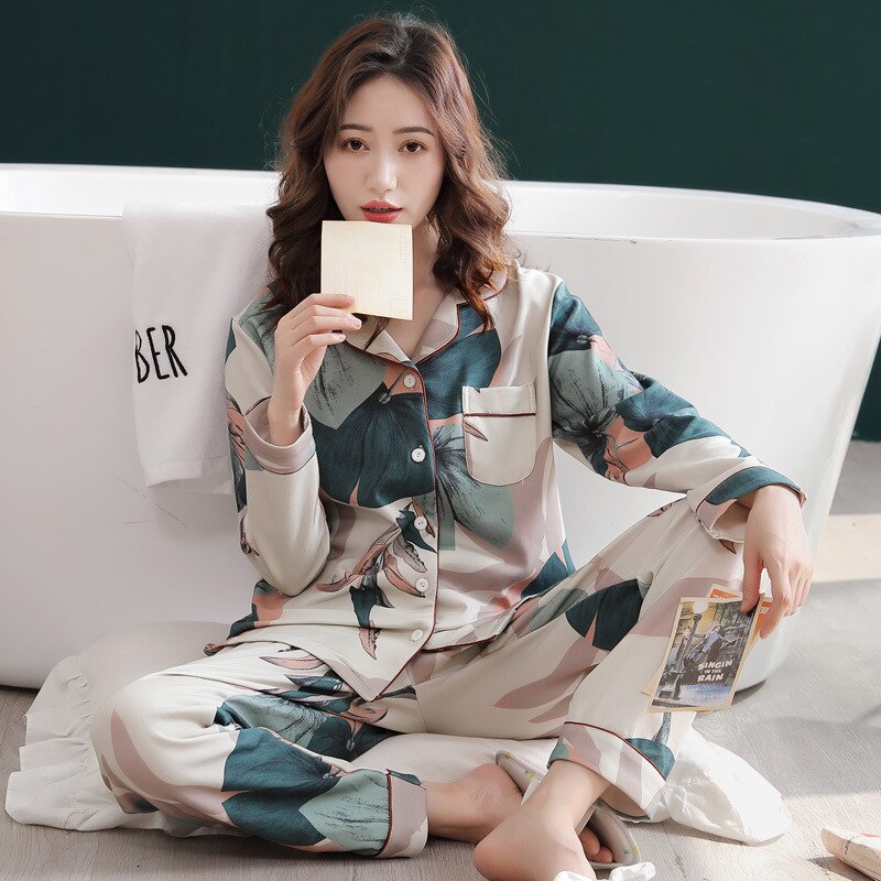 Pijama feminino verão fino algodão manga comprida solto-ajuste casual homewear conjunto