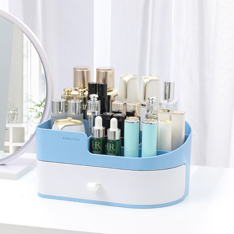 Makeup Organizer for Cosmetic Large Capacity Cosmetic Storage Box Organizer Desktop Jewelry Nail Polish Makeup Drawer Container/: White and blue