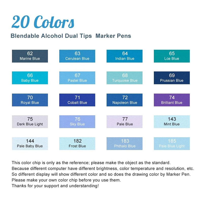 20 farben Alkohol Marker Stifte Himmel Blau Serie Farbe Blendable Dual Tipps für Kunst Skizze Ozean Landschaft Zurück Zu schule