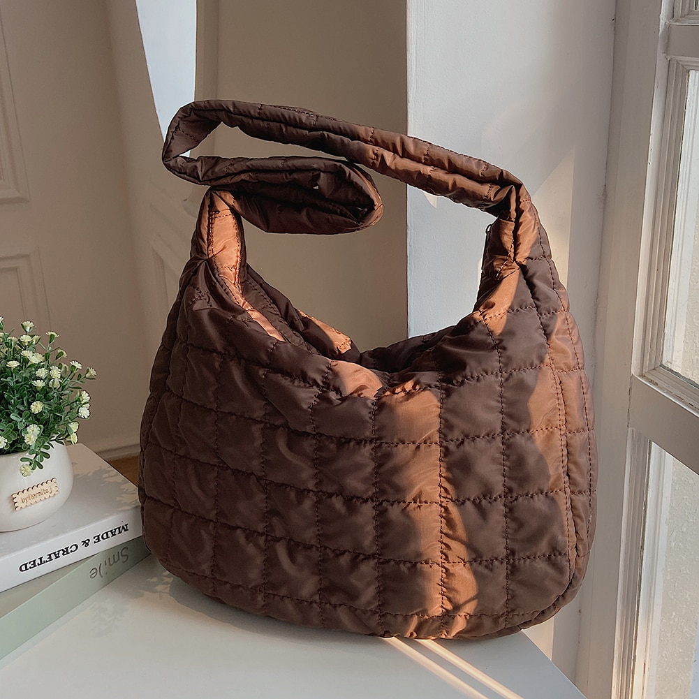 Lattice Pattern Shoulder Bag Space Cotton Handbag Women Large Capacity Tote Bags Feather Padded Ladies Quilted Shopper Bag: 40x35x11cm Coffee