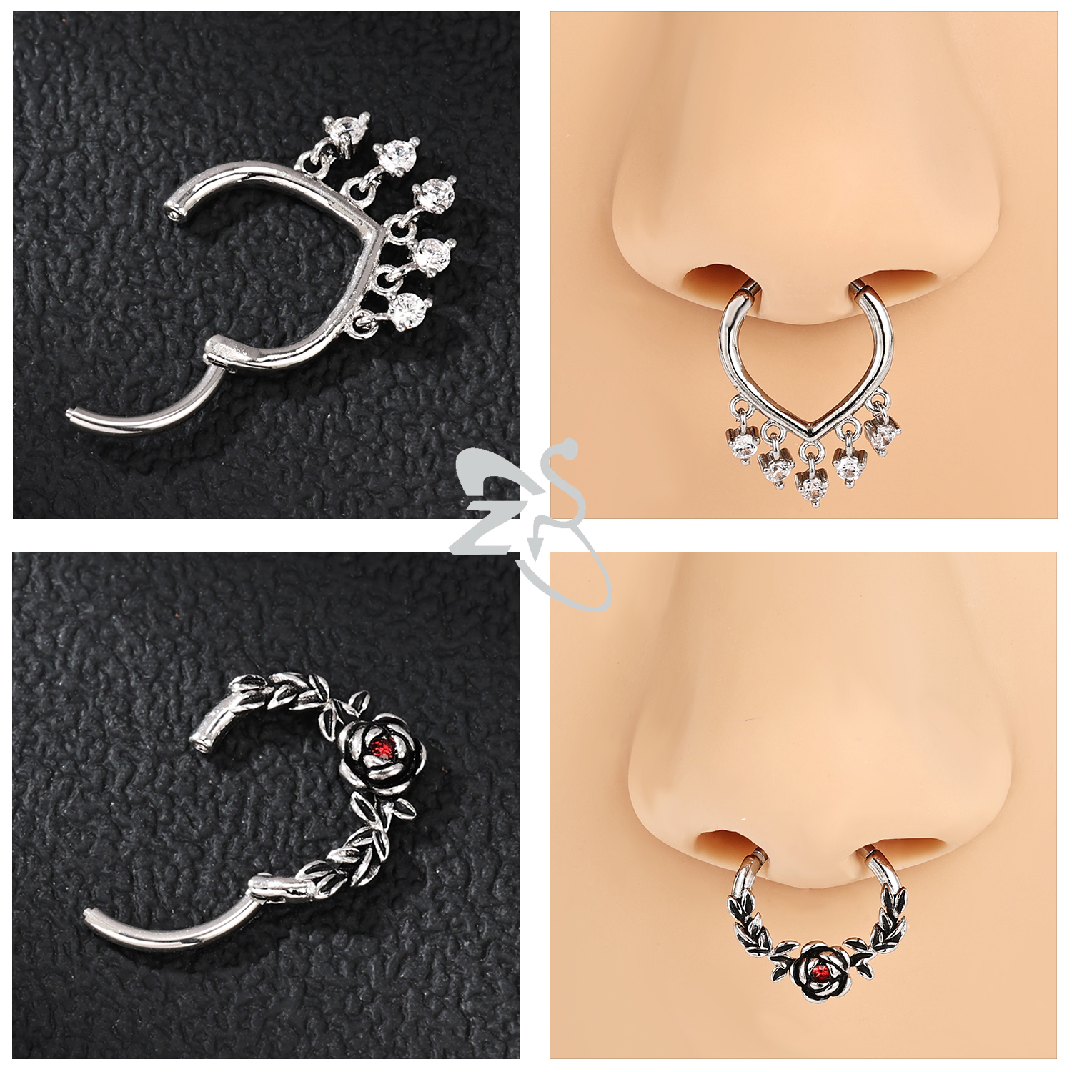 Piercing de nez en acier fleur six pétales d'oxydes blancs