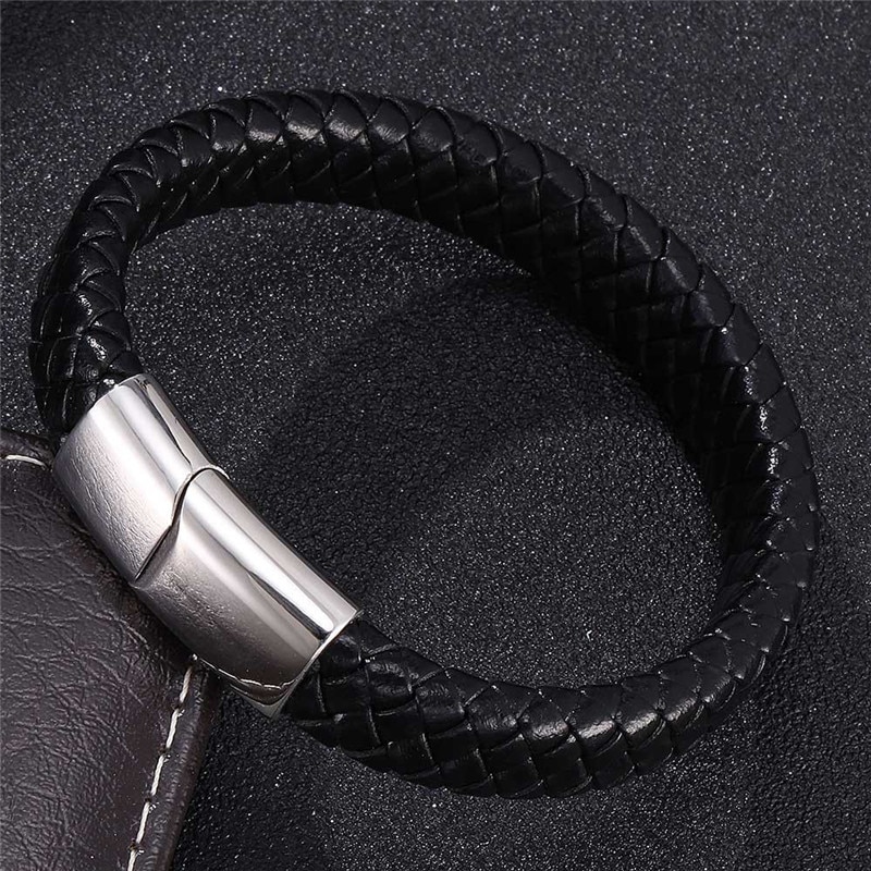 Punk gevlochten leren armband voor heren, handgemaakt in zilverkleur, roestvrij staal, armband met magnetische sluiting, herensieraden