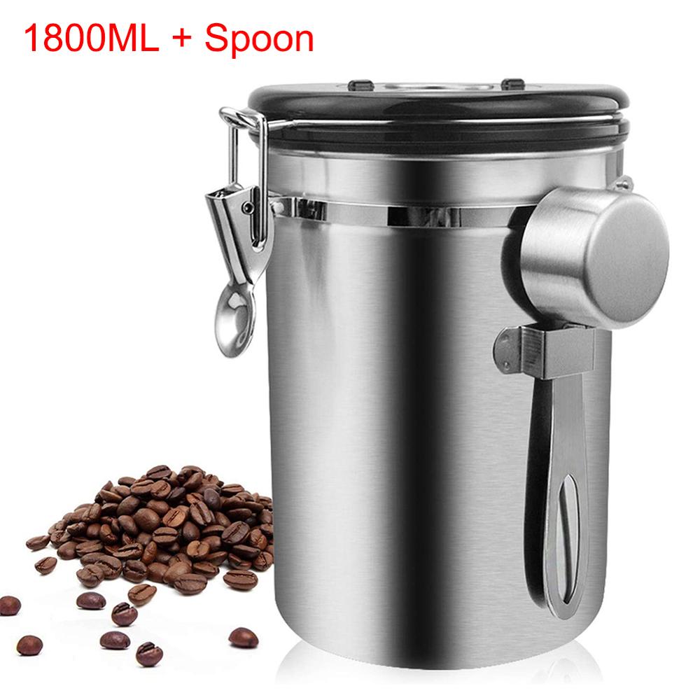 Stainless Steel Coffee Container Kitchen Storage Airtight Canister for Coffee Beans Sealed Tank with Spoon