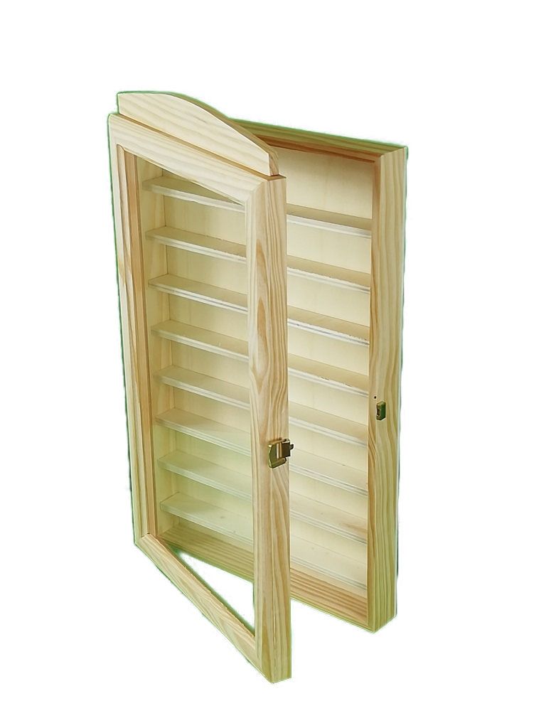 Vitrina colecciones. En madera natural. Se puede pintar. Incluye metacrilato transparente. Medidas: 30*6.5*54 cms.