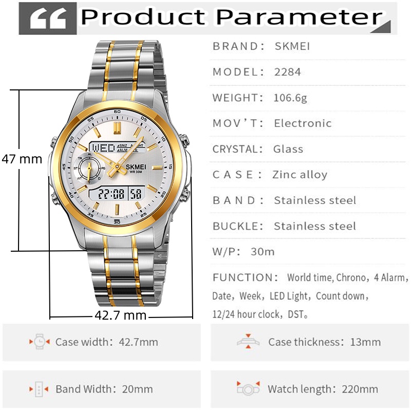 Skmei Herren-Sportuhren mit mehreren Zeitzonen, analoge Digitalanzeige, LED, wasserdicht, Quarz, elektronische Armbanduhr, 4 Wecker