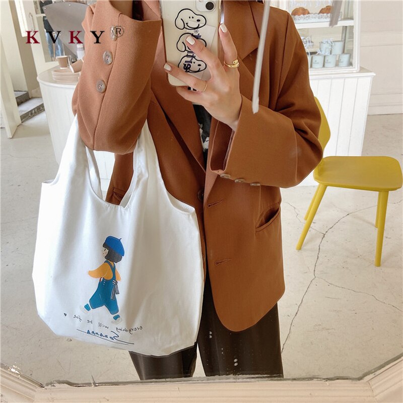 Original Illustration Korean Cartoon Printed White Canvas Bag Student Personality Handbag Shoulder Bag Green Bags