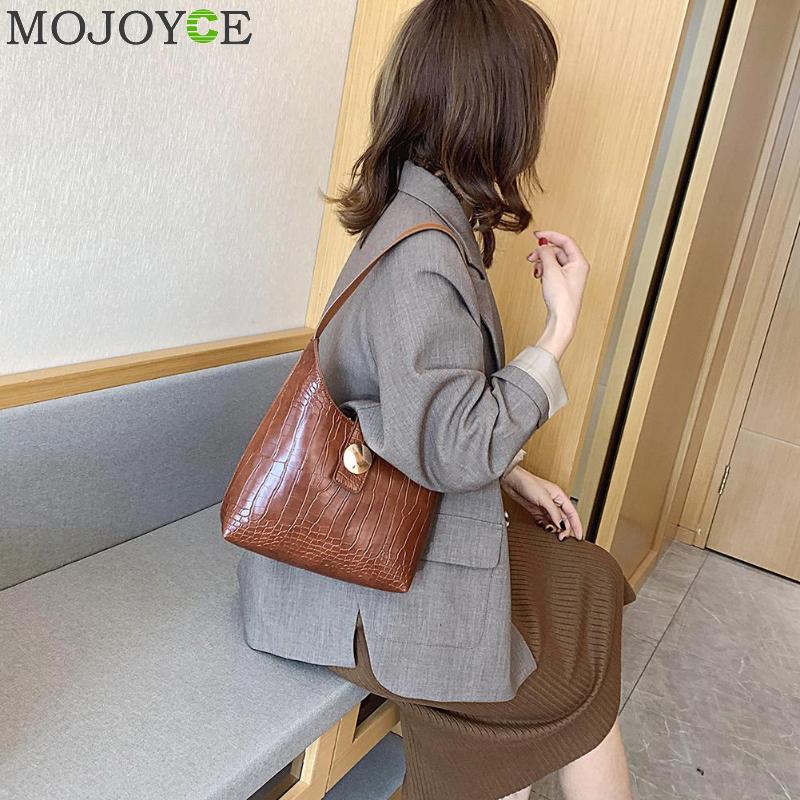 Women Retro Crocodile PU Leather Handbags Solid Color Shoulder Bag Simple Shopping Totes