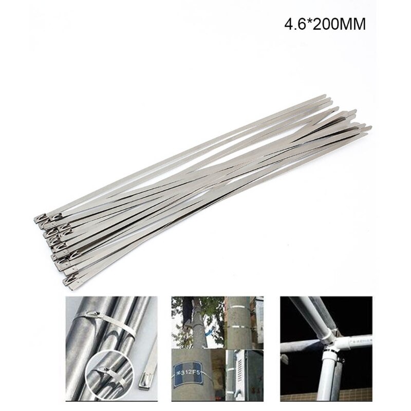 896B 100pcs Stainless Steel Tie Wrap High Strength Heavy Duty Exhaust Wrap Metal Self-locking Cable Zip Ties: 200mm