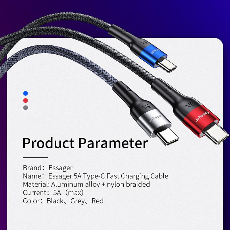 Essager cabo de carregamento da data do cabo 5a usb tipo-c cabo de carregamento rápido usb tipo c cabo USB-C do telefone móvel super carregamento rápido