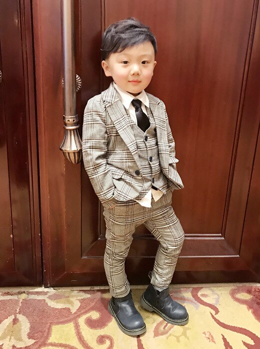 Nova Natal malha Crianças Blazer Meninos Paletós Formais Casaco + Calça + colete 3 Peça Menino Ternos Formais para Roupas de Casamento: 6 T