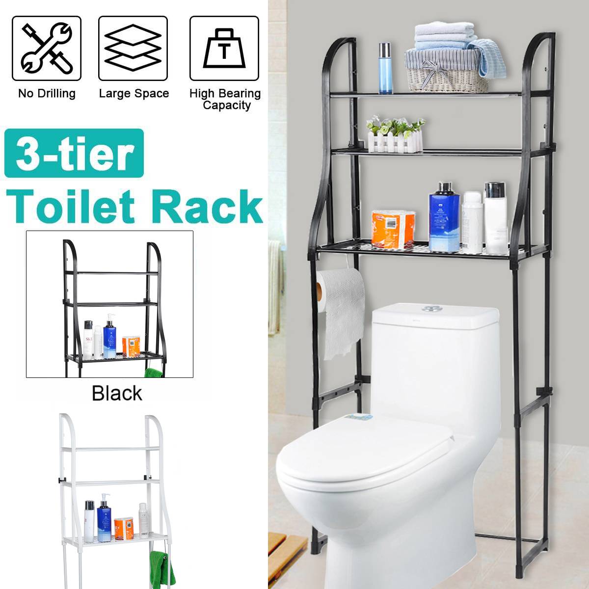 3 Tiers Over Bathroom Storage Rack Stainless Steel Toilet Shelf Holder Washing Machine Space Saver Cabinet 49x23x150cm