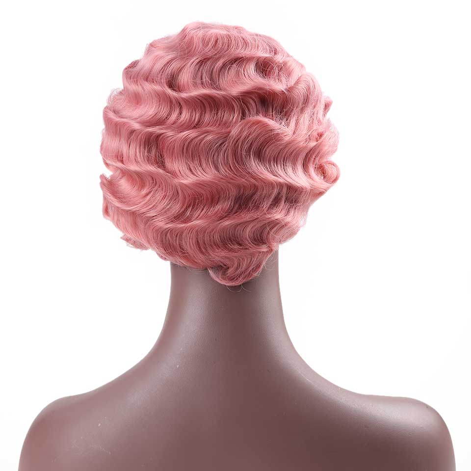 Wtb varmebestandig syntetisk kort krøllet pink sød paryk til røde fingerbølger kvinders afrikanske afro kort hår paryk: Fen