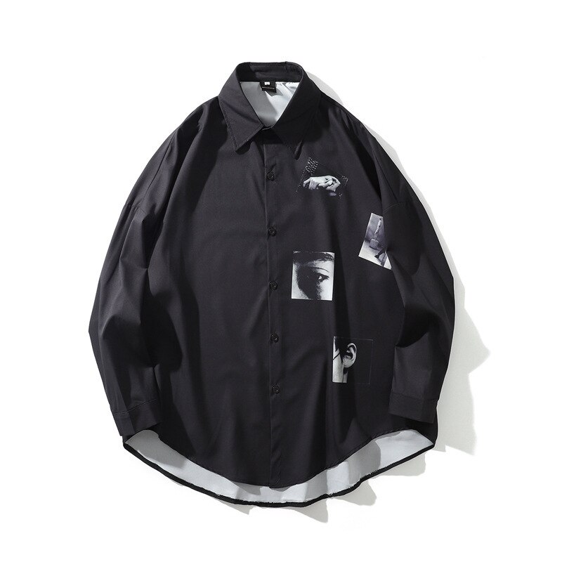 Camisa ruffian Shuai para hombre, coreana, ropa de sensación caída, abrigo de camisa de seda de hielo fina de manga larga, primavera y otoño: Black / XL