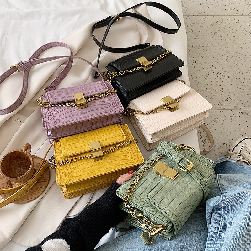 Crocodile Pattern Purple Pu Leather Crossbody Bags For Women Summer Chain Small Shoulder Handbags Female Totes