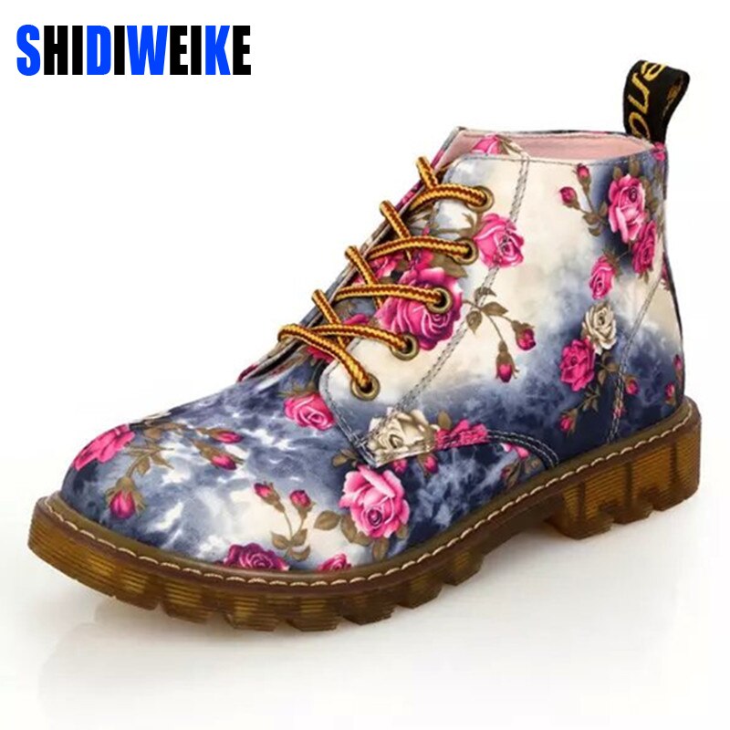 SHIDIWEIKE Frauen Stiefel Blumen- Gedruckt Stiefel Weiche Sohle Stiefeletten Spitze hoch Plattform Schuhe Frau B033