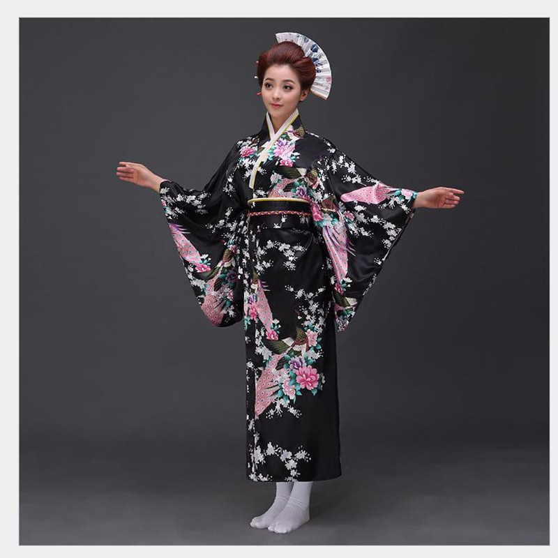 Black Japanse vrouwen Satin Kimono Dress Yukata Haori Met Obi Prestaties Kleding Pauw One Size 0215