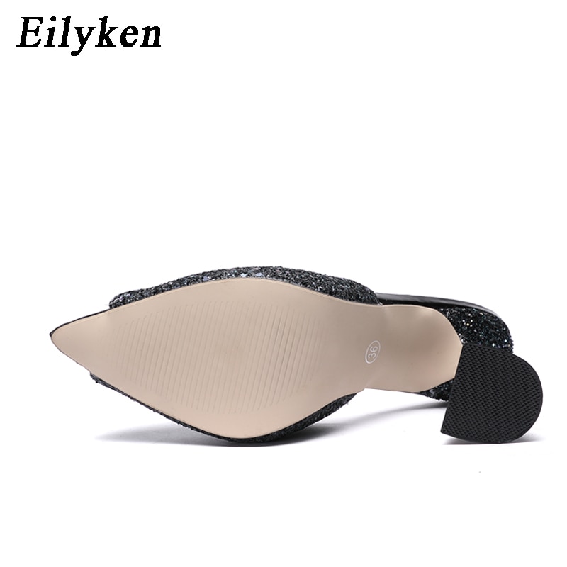 Eilyken verano nuevos zapatos mujer LICRA mulas fluorescentes purpurina Peep toe Slides zapatillas de tacón alto deslizamiento en sandalias de