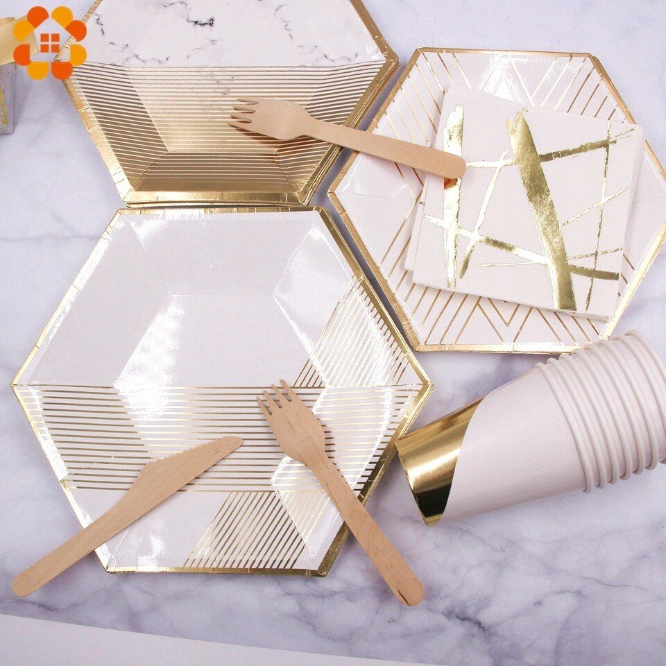 1 set vitguld marmor pappersmugg/tallrikar/servett rand engångsservis dukat bordsdekoration för bröllopsfesttillbehör