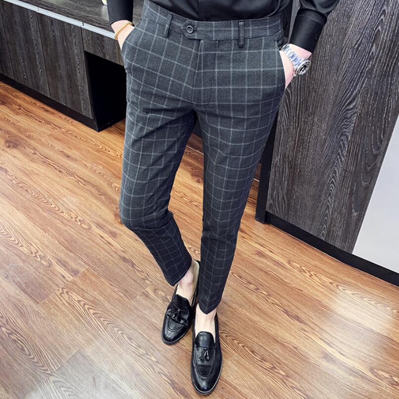 Heren zakelijke broek zomer heren broeken kleding en enkel slank knoop ademende man raster jurk broek kleding 28-36