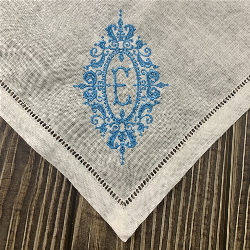 12 Pcs Monogram Zakdoeken Wit Pure Ramee Stof Zakdoeken Hemstitched Grens/Plain Klassieke 13X13-Inch: Letter E Blue