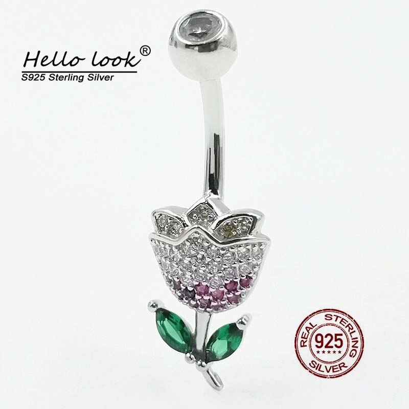 Hallolook – Piercing de Nombril en argent Sterling 925, fleur, anneau de Nombril, Anti-allergie, Zircon, barres de Piercing, bijoux: 8mm