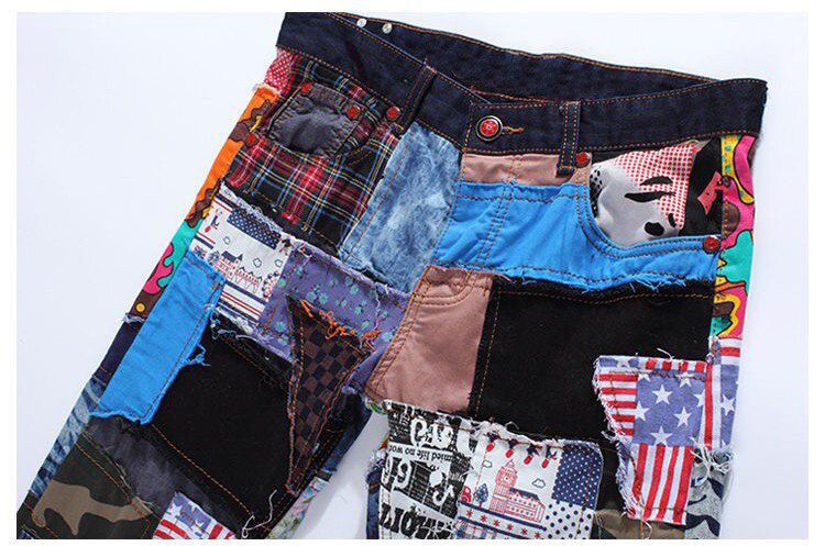 Pantalones vaqueros rasgados de retales para hombre, pantalones vaqueros masculinos ajustados a la con botones de parche de colores, Pantalones rectos con volantes