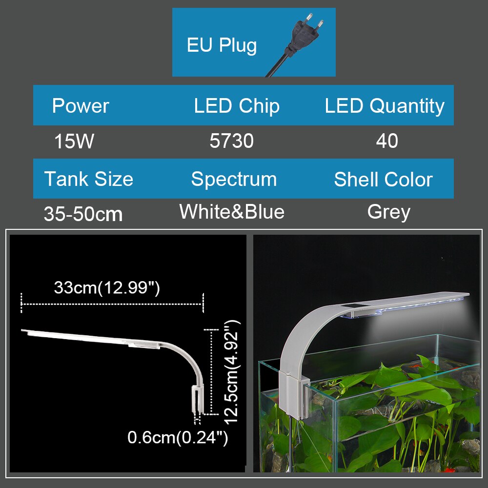 Senzeal Aquarium LED Beleuchtung Super Dünne X9 Clip-auf Aquarium Licht 15W 2000LM Hellsten Aquarium Lampe AU/EU/uns-stecker 110-240V: hell grau-EU-220V