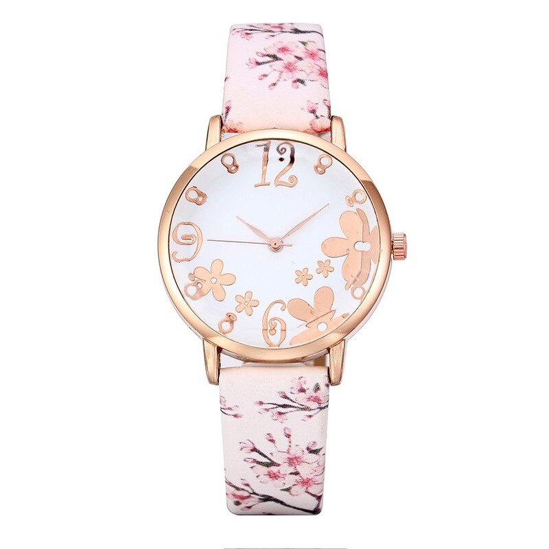 Vrouwen Mode Reliëf Bloemen Kleine Verse Gedrukt Riem Student Quartz Horloge Montre Femme Reloj Mujer: WHITE