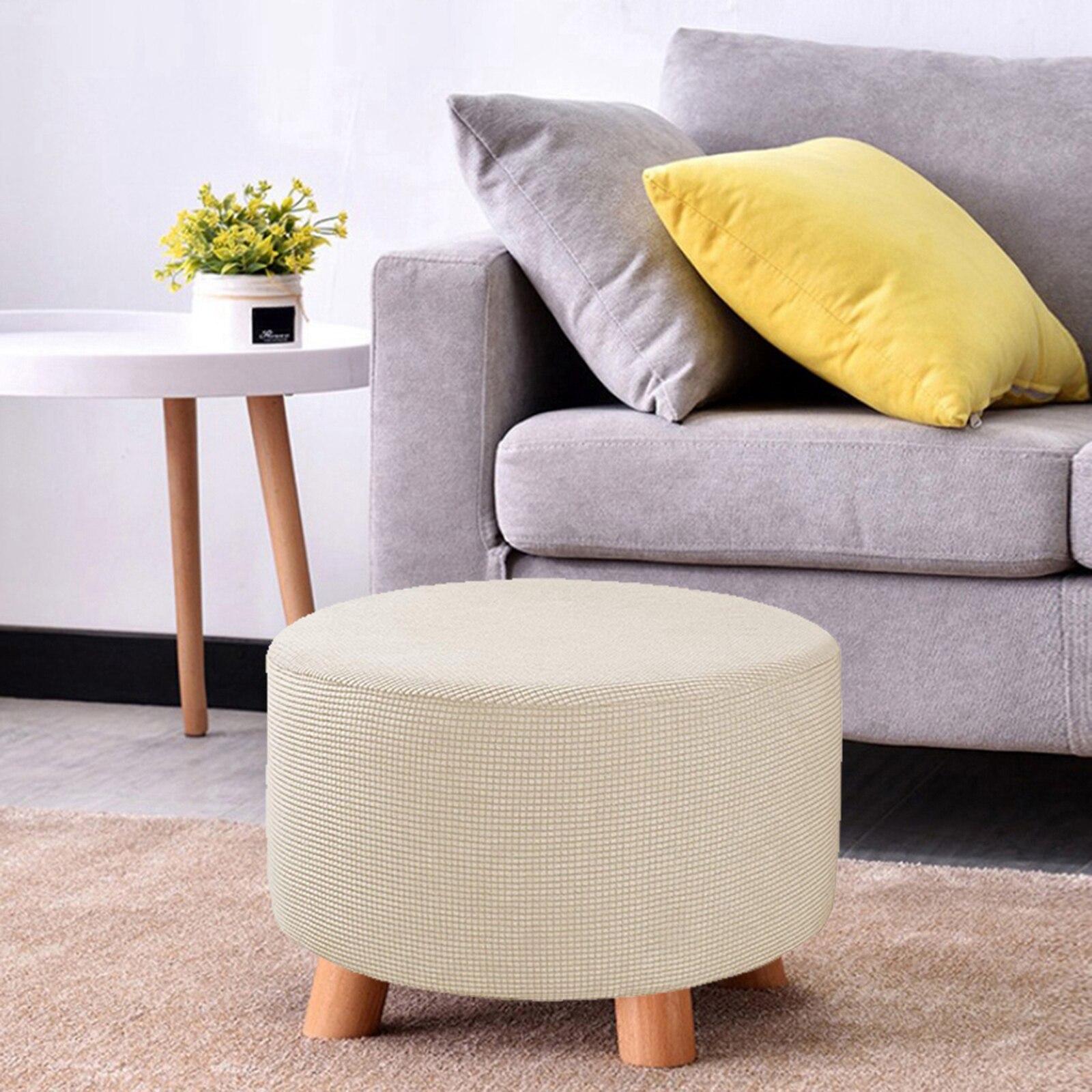 Ottoman Slipcovers Round Ottoman Footstool Cover Removable Machine Washable: Beige