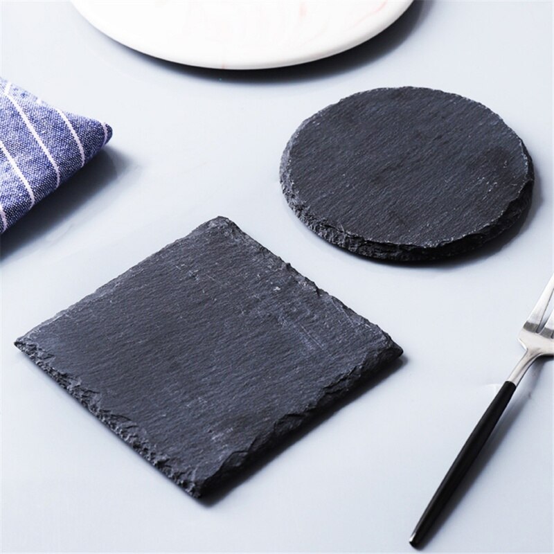 Slate Stone Coasters Rectangle Black Serving Plate For Cake Bar Kitchen Natural Edge Stone Drink Coaster