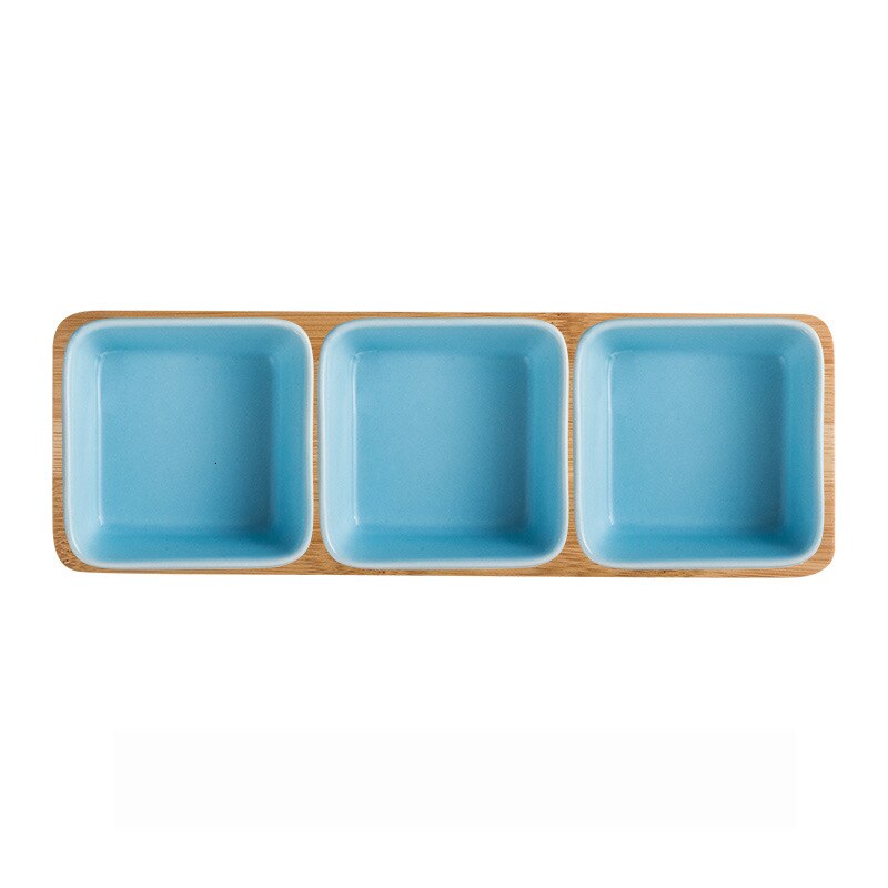 Firkantet keramik frugtfad keramisk fad salat tallerken porcelæn snacks slik nøddesesserter øko naturlig serverings bambus bakke sæt: 3 stk. himmelblå