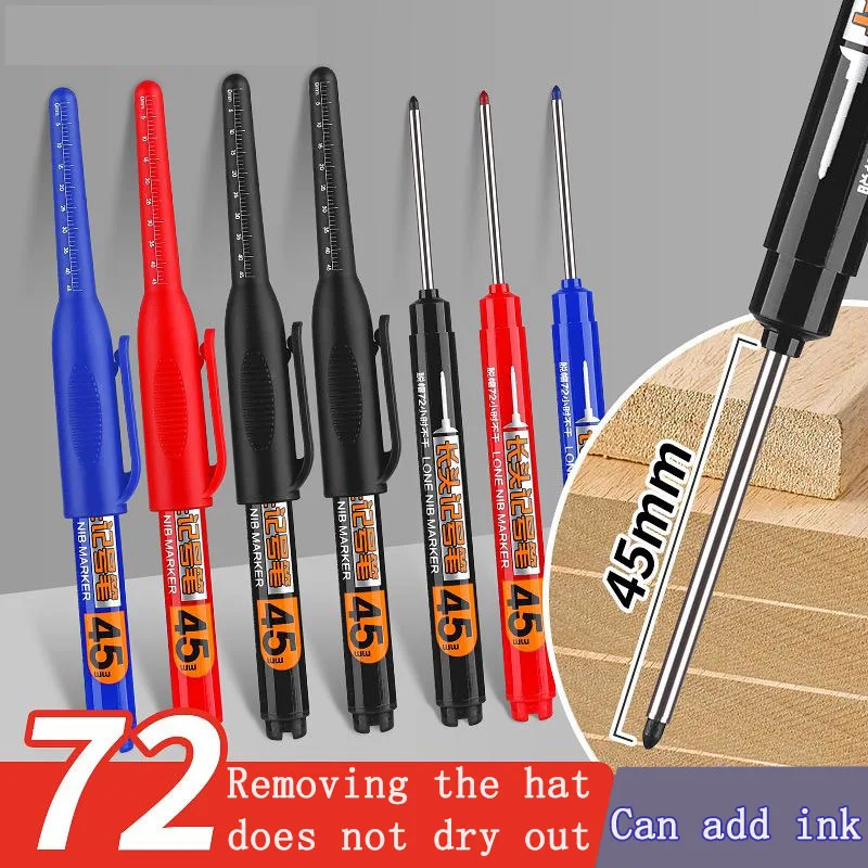 8PCS 45mm Spitze Wasserdicht Lange Kopf Marker Stift Quick-Dry Tinte Holzbearbeitung Schwarz Rot Blau Lange kopf Spitze Tiefe Loch Fliesen Schreiner