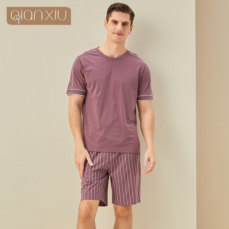 Verão novo algodão masculino cor sólida manga curta gola redonda topo stripe shorts casa conjunto simples pijamas casa terno: ROXO / XXL