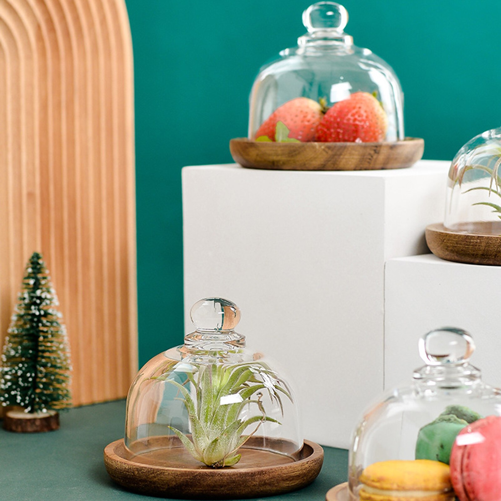 Houten Cake Stand Met Glas Doom Cover Multi-Functionele Serveerschaal Taart Plaat Slakom DC112