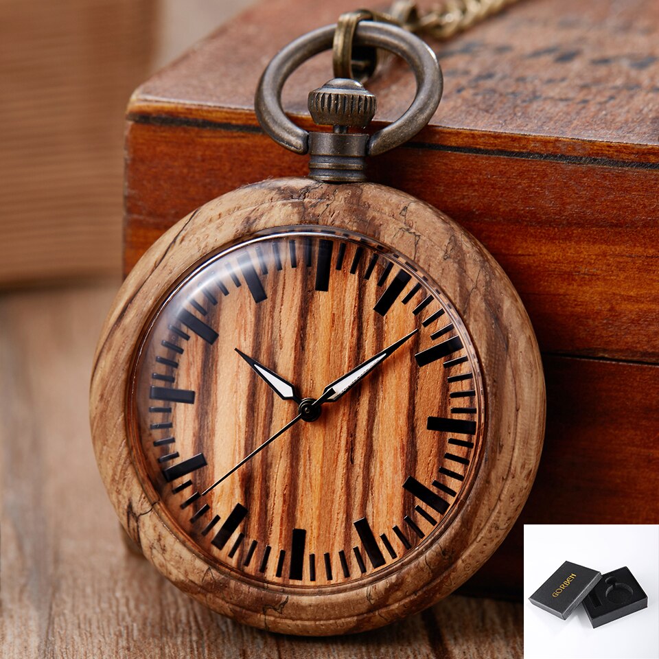 Natuurlijke Hout Zakhorloge Mannen Vrouwen Creatieve Houten Quartz Horloges Fob Ketting Hangers Kleurrijke Klok Reloj De Bolsillo: brown with box