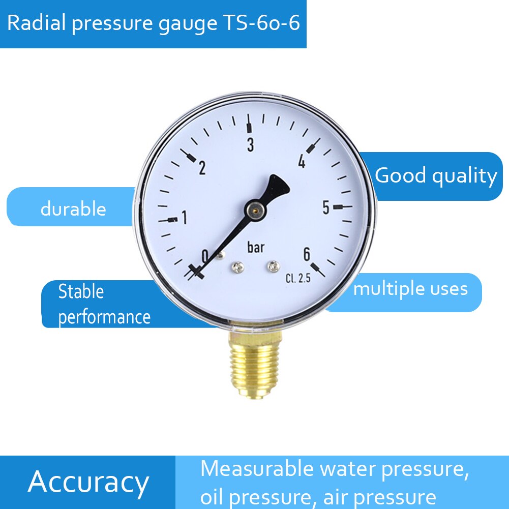 Air Pressure Gauge Instrument Side Mount Accessories Dial Water Oil Home 0-6 Bar Accurate Measurement Manometer 1/4 Inch NPT