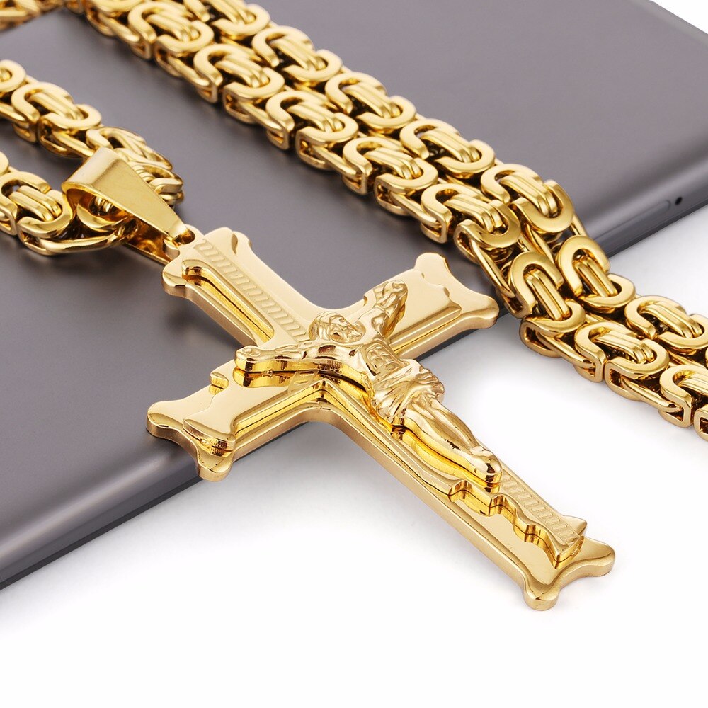 Goud Kleur Rvs Jesus Cross Hanger Ketting 6 Mm Link Byzantijnse Collier Lange Zware Mannen Sieraden Collares MN68