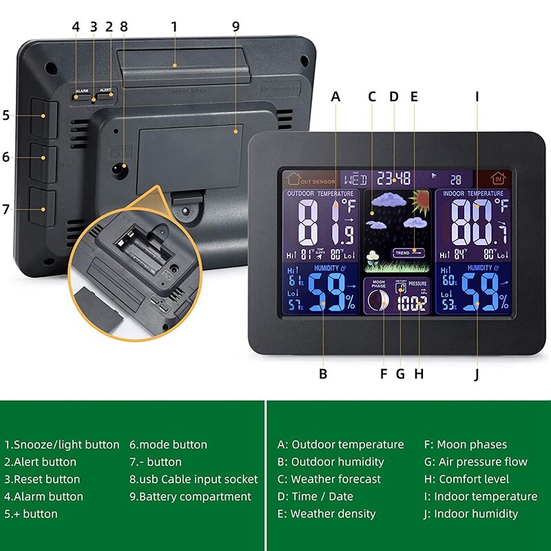 Draadloze Weerstation Digitale Kleur Display Weerstation Met Outdoor Sensor Temperatuur Hygrometer Wekker