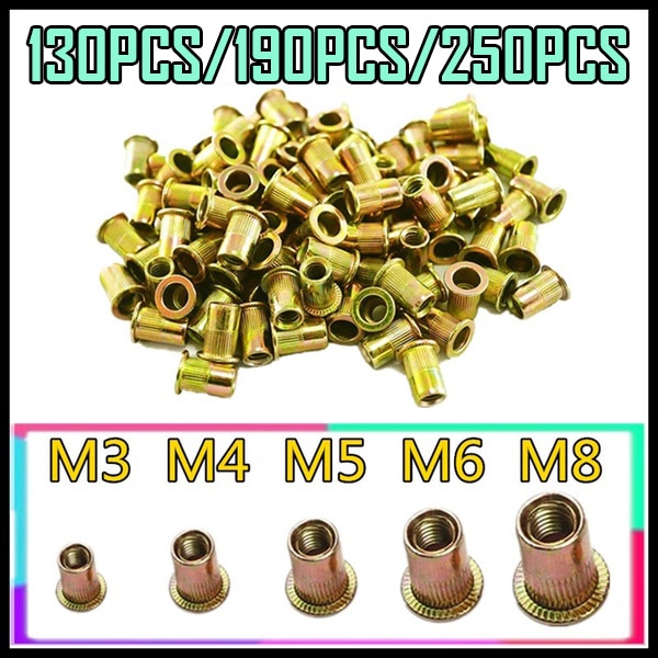 130/190/250 porcas cegas do rebite dos pces m3 m4 m5 m6 m8, porca rosqueada zinco misturada do rebite do aço carbono parafusos e porcas da inserção do rivnut