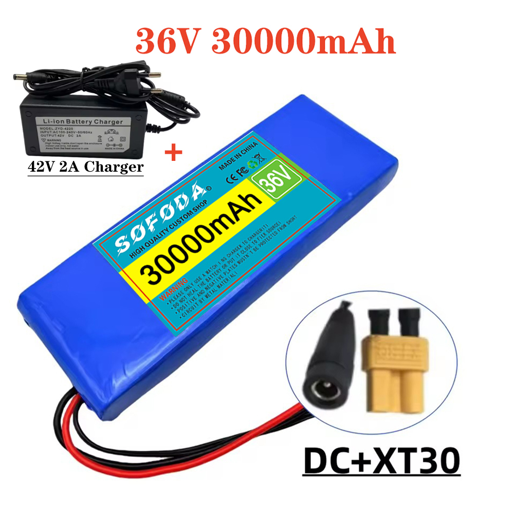 Große Kapazität 36 V 30000 mAh 10S1P 18650 Lithium-Ionen-Akku 30 Ah, mit BMS 500 W, ausgestattet mit 42 V 2 A Ladegerät: Lavendel